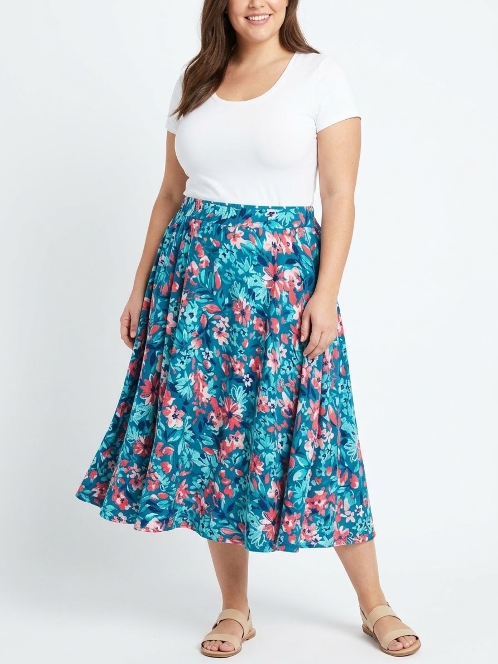 Woman Within Reversable Floral/Polka Dot Teal Midi Skirt Size 3X EUC Waist 22in.